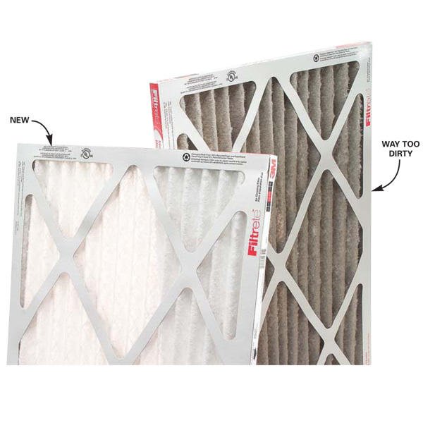 Clogged dirty furnace air filter next to a clean, new furnace air filter