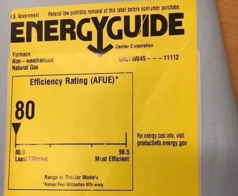 Yellow EnergyGuide sticker with an 80 AFUE rating