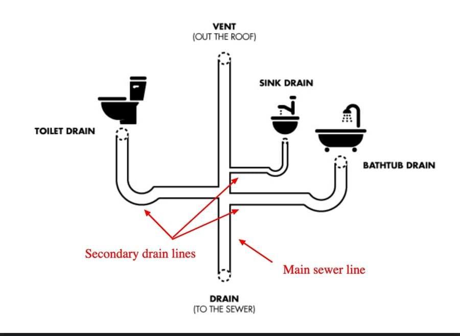 A diagram showing secondary drain lines feeding into the main sewer line
