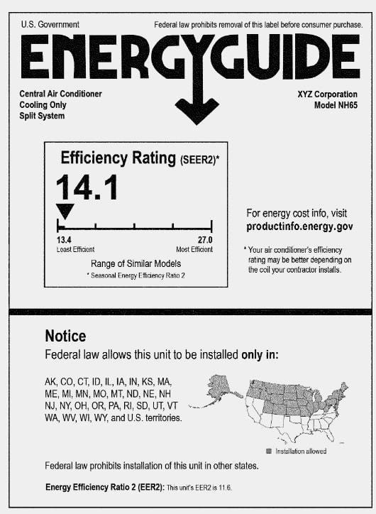 A white EnergyGuide sticker showing a 14.1 SEER2 rating