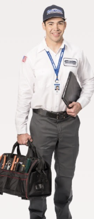 Smiling uniformed Thornton & Grooms Comfort Specialist facing the camera, holding a black tool bag in his right hand that has various tools in it and holding a black binder in his left hand.